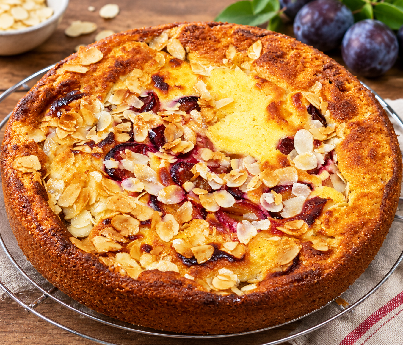 Bodenloser Käsekuchen mit Zwetschen und Mandel-Topping